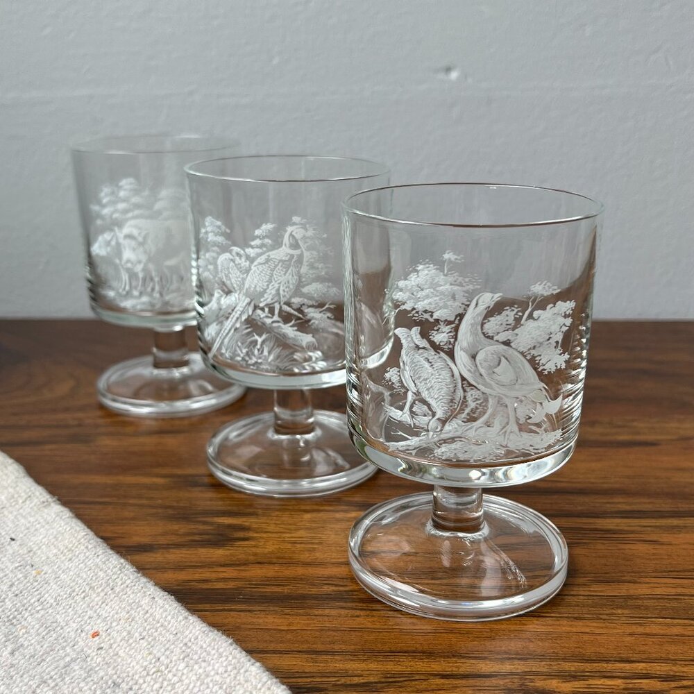 Sologne 3 Wine / Whiskey Glasses Engraving Hunting Pheasants Wild Boar